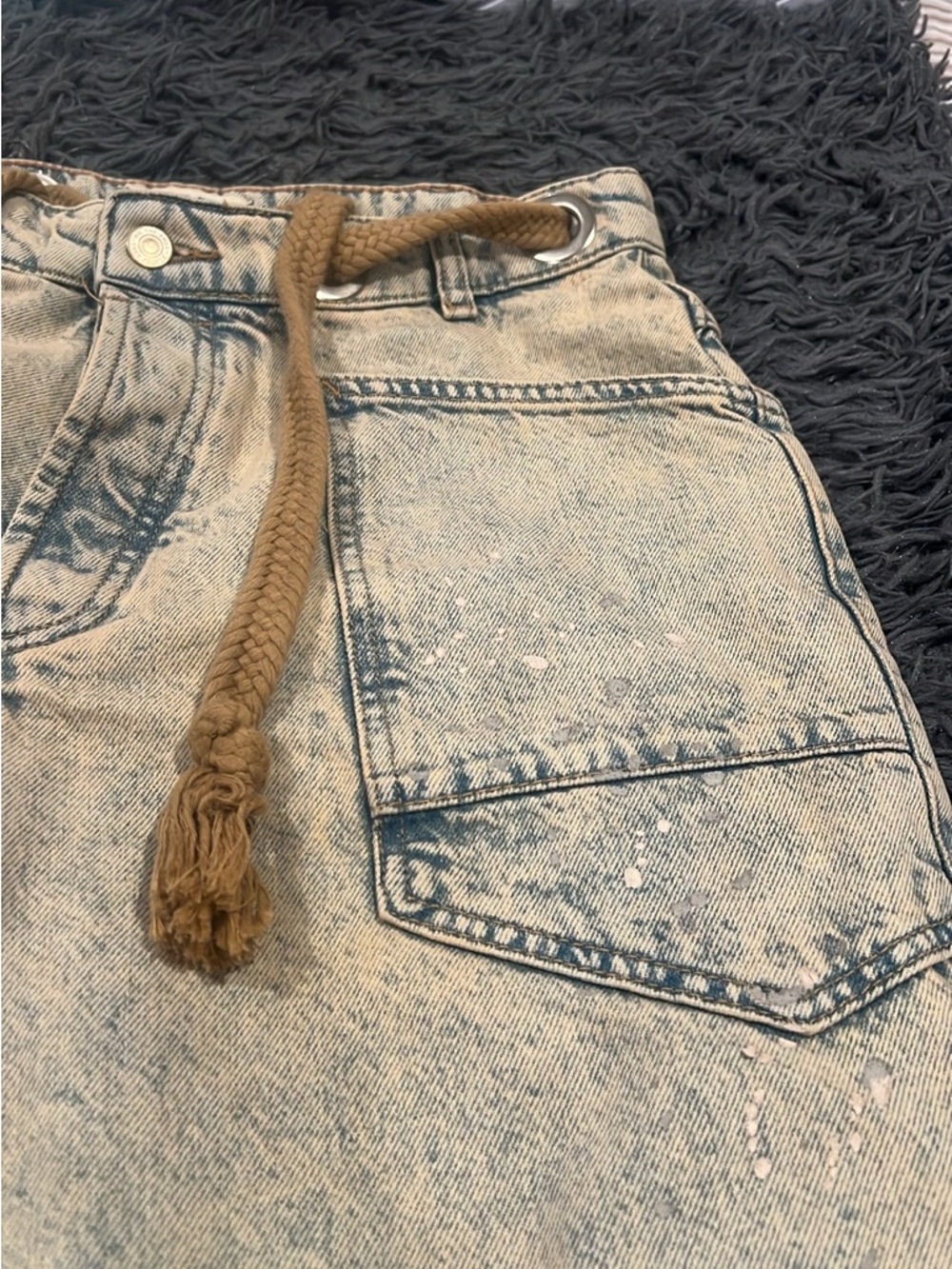 Free People Acid Wash Denim Pants with Braided Tan Drawstring